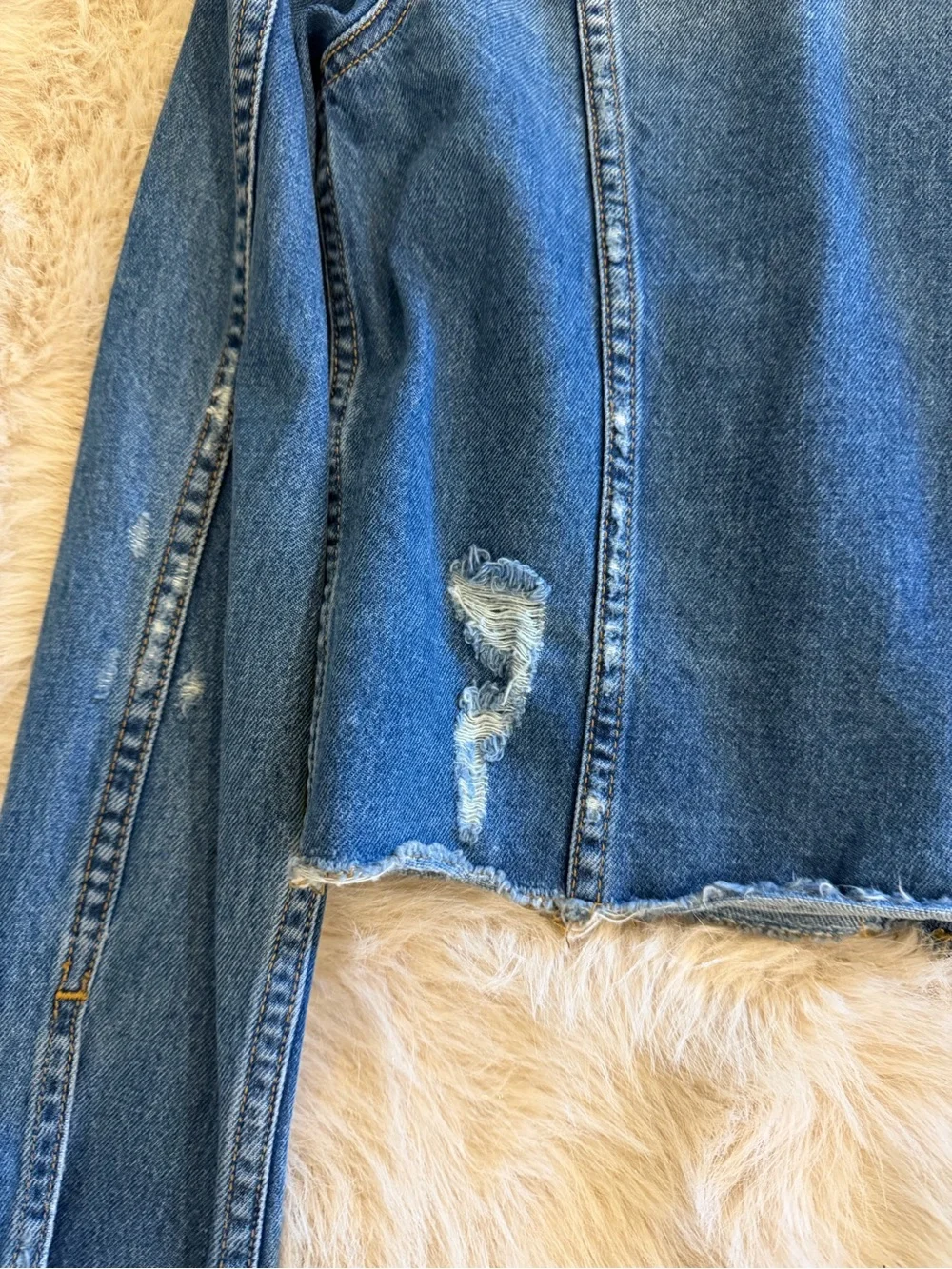 Veronica Beard Distressed Blue Cropped Denim Jacket with Gold Buttons & Chain